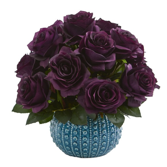 11.5 Rose Artificial Arrangement in Blue Ceramic Vase - SKU #1542-WH - 6